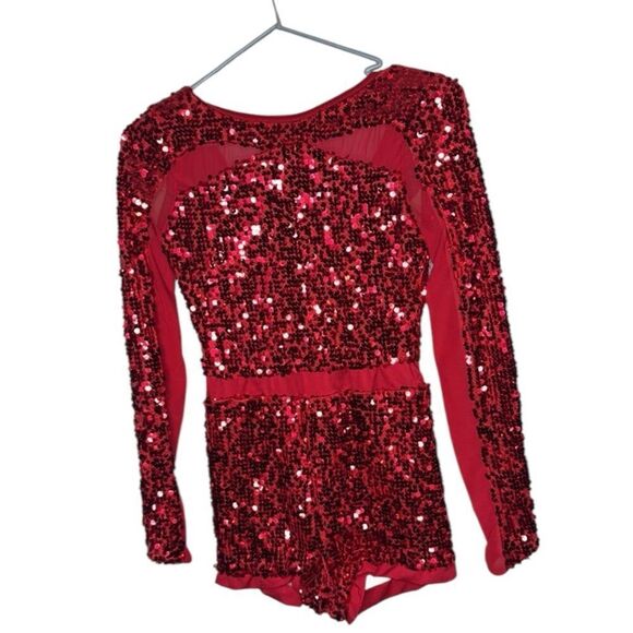 Weissman Red Sequin Long Sleeve Romper. Style #14172 “Love You Like A Love Song” - Picture 2 of 9